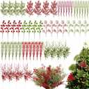 60 Pcs Glitter Christmas Tree Picks Set Red Green Artificial Glitter Berry Stem Ornaments Fake Christmas Picks Curly Xmas Tree Filler Holiday Decorations DIY Crafts Home Decoration
