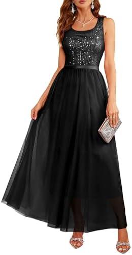 BeryLove Sequin Dress for Woman Vintage A Line Wedding Formal Swing Mesh Dress Sleeveless Cocktail Maxi Gowns XXL