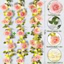 Flower Garland with Lights, 4 Packs 7FT Pink Floral Rose Flower Eucalyptus Garland Decor, Artificial Faux Leaves Greenery Vines for Table Runner Wedding Centerpieces Backdrop Decorations (Warm Color)