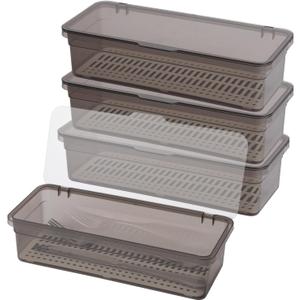 4 Pcs Clear Flatware Tray with Lid & Drainer - Large Plastic Silverware Utensil Drawer Organizer, Cutlery Storage Container for Home & Travel