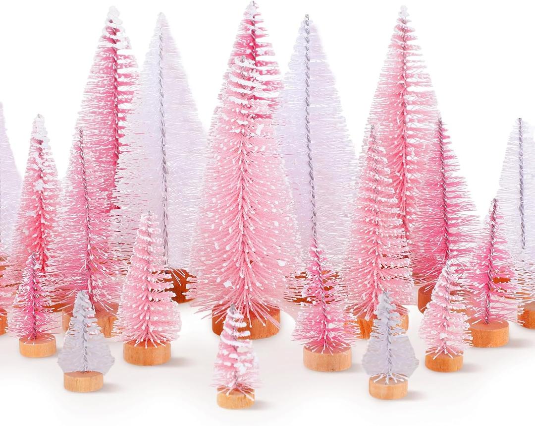 Leyndo 24 Pcs Pink White Artificial Mini Christmas Tree Xmas Sisal Bottle Brush Trees with Wood Base Christmas Decor for Xmas Party Table Top Winter Ornaments Home Kitchen Crafts