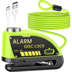 ONVIAN Rechargeable Motorcycle Lock with 6FT Steel Wire Anti-Theft Cable, for 7mm Pin Ebike Electric Scooter Motorcycle Helmet Wheel Disc Brake Lock (Lemon Yellow)