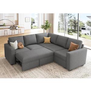 HONBAY Sectional Sleeper Sofa with Pull Out Bed, L Shaped Couch with Storage Seat, Modular Sectional Couches for Living Room, Dark Grey