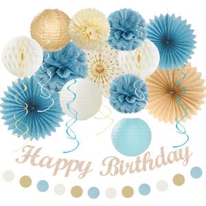 Light-Dusty Blue Beige-Champagne Women Birthday-Decorations - 21pcs Boho Neutral Happy Banner Garland, Paper Streamers Lanterns, Flower Tissue Pom Poms Fan Supplies, Wall Backdrop Party Decor Huglony