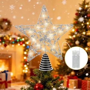 Christmas Tree Topper 10-inch Silver Shimmering Star Tree Topper with 20 LED Lights Festive Decor Christmas Tree Topper Star