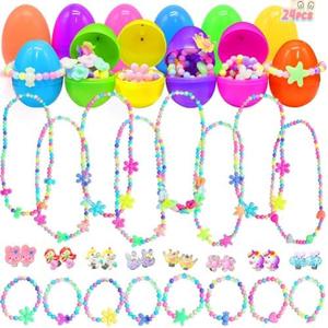 LUKBERA 24Pcs Easter Eggs with Jewelry Toys, Different Designs of Bracelets Necklaces Earrings,Suprise Easter Eggs Jewerly Set for Girls Classroom Exchange Gifts