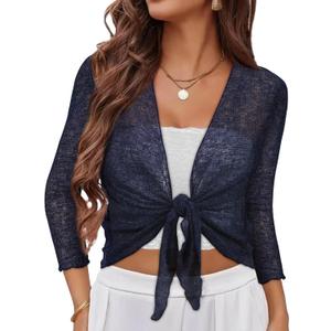 Women Crop Cardigan Sheer Mesh Bolero Shrug for Dress Tie Front 3/4 Sleeve Tops (XX-Large, Navy)