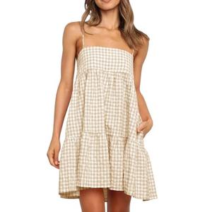 Wenrine Womens Summer Plaid Mini Dress Casual Spaghetti Strap Sleeveless A Line Beach Sundress with Pockets Apricot Yellow Size S