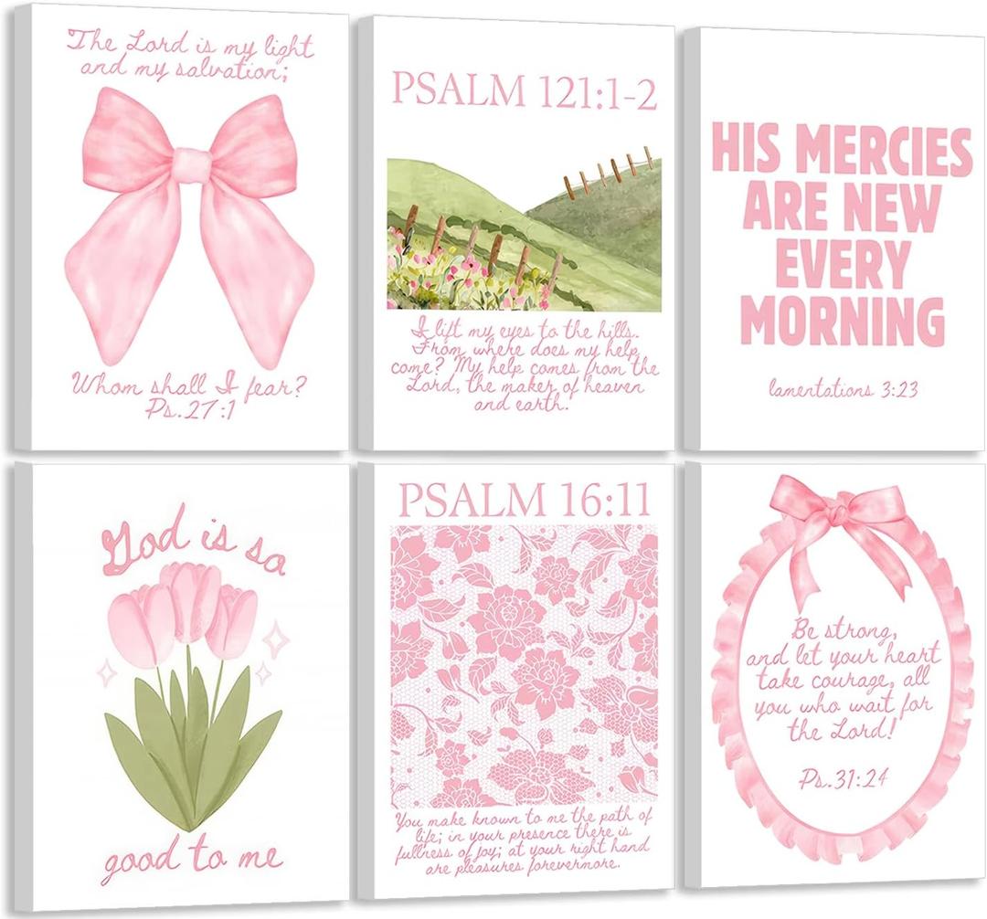 6Pcs Framed Trendy Pink Christian Canvas Wall Art Bible Verses Preppy Posters Coquette Pink Bow Biblical Painting Pictures Religious Scripture Prints for Girls Room Dorm Apartment Living Room Bedrom (16"Lx12"W)