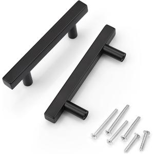KNOBWELL 6 Pack 3 inch Kitchen Cabinet Handles, Black Dresser Drawer Pulls Stainless Steel, Square Bedroom Bathroom Vanity Closet Pulls 3" Hole Center 5" Length