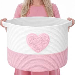 LemonRoad Pink Heart Extra Large Cotton Rope Basket 20"x14", Embroidered Woven Baby Laundry Blanket Basket Box with Handle Storage, Blanket Storage for Living Nursery Pillows Laundry Baby Toy Chest
