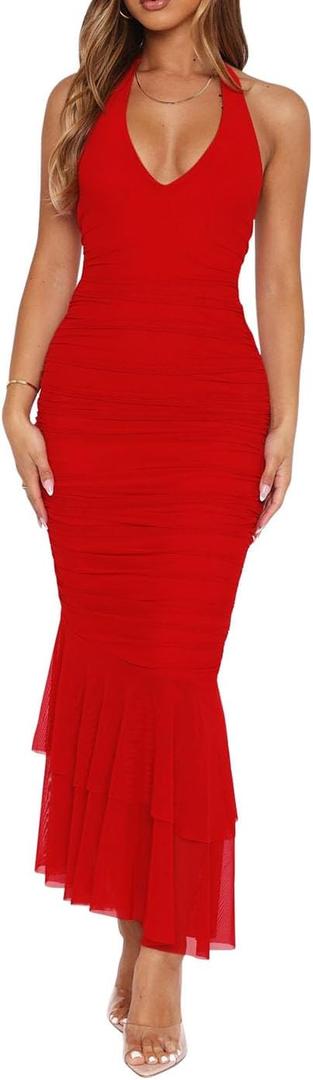 Women's Sexy V Neck Tie Halter Mesh Ruffle Hem Ruched Bodycon Cocktail Party Maxi Dresses (Red, M)
