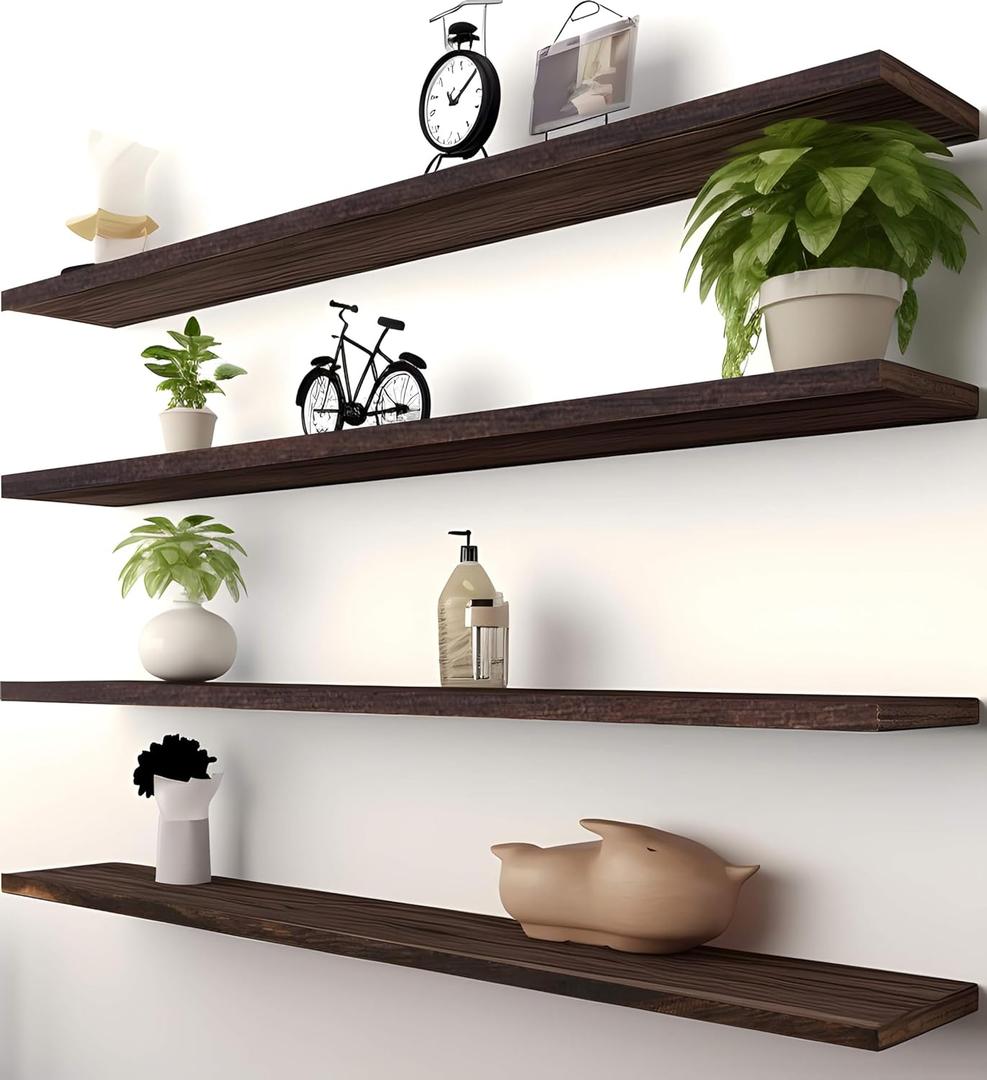 PHPH 36 Inch Wood Floating Shelves for Wall, Wooden Wall Shelves for Bedroom, Set of 4 Brown