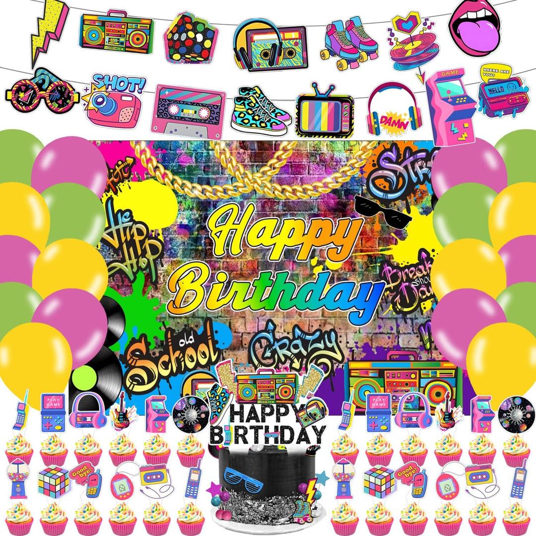 59 Pcs Hip Hop Birthday Party Supplies, Back to The 80s Themed Party Decoration Retro 90s Backdrop Balloons Cake Cupcake Topper for Rock Hippie Themed Party Decor
