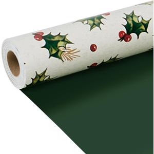 LaRibbons Reversible Christmas Wrapping Paper Mini Roll, Holly Berry Print and Solid Green Design, for Christmas, Holiday, and Seasonal Gift Wrapping, 17" x 33'(46.7 sq. ft)