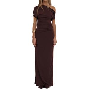GORGLITTER Women's Asymmetrical Neck Ruched Bodycon Maxi Dress One Shoulder Short Sleeve Dinner Cocktail Long Dresses (Large, Coffee Brown)