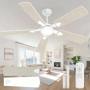 Ceiling Fans with Lights, 52 Inch Modern Ceiling Fans with Lights and Remote Control, DC Reversible Motor, Noiseless, 3CCT, Ceiling Fan for Bedroom, Living Room, Apartment Indoor/Outdoor Use (White)