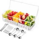 Condiment Tray with Stainless Steel 5 Spoons, 5 Forks and 1 Clip, Chilled Condiment Server, Condiment Server, Bar Garnish Holder on Ice, Bar Accessories Fruit and Salad with Removable Trays and Lid (Rectangular)