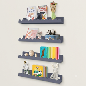 Hatende Nursery Floating Shelves for Room Wall, Gray Small Scalloped Shelves, Wooden Floating Book Shelves for Kids Bedroom, Bathroom, Playroom Decor - 15.5 inch