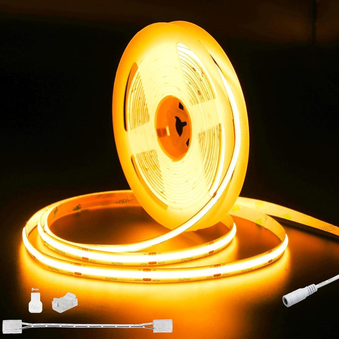 PAUTIX COB LED Strip Light 20ft/6.1m 3087LEDs Warm White 2000K CRI90+ High Lumen,DC24V Flexible LED Tape for Cabinet Home DIY Lighting Projects with 1pcs COB Connector Wire(Power Supply Not Included)