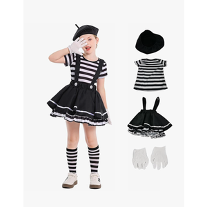 Girl's Mime Artist Costume Black and White Stripe Short Sleeve Black Beret Skirt with Gloves Halloween Dress up, Size L