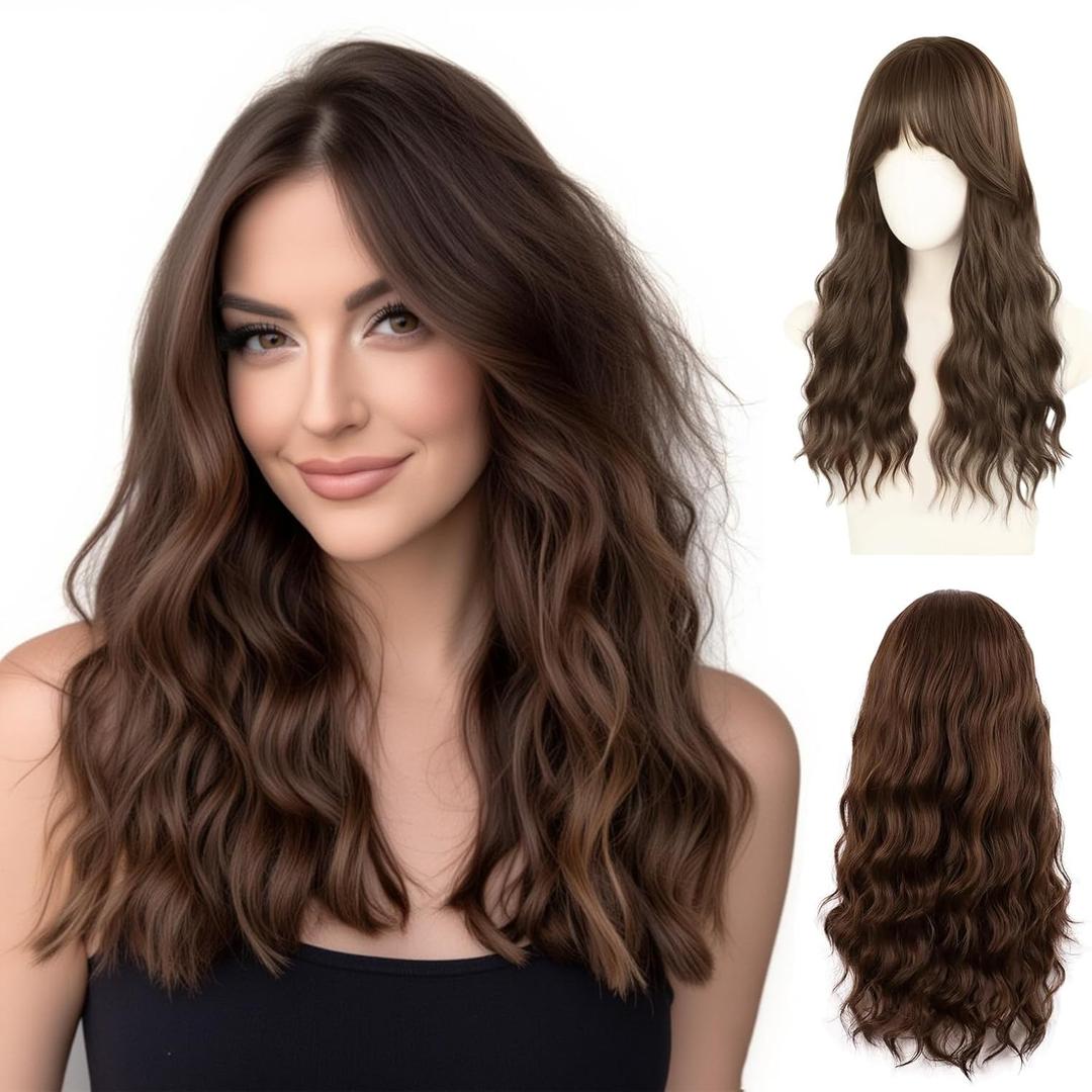 Brown Curly Bob Wig with Bangs, Pre-Styled Natural Synthetic Hair Wigs for Women, Heat Resistant Medium Length Wavy Wig for Daily & Party Use 55-inch