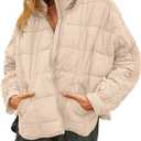 Womens Quilted Pullover Puffer Jacket Lightweight Oversized Hooded Winter Puffer Coat Light Warm Outerwear Pockets, Small, Beige
