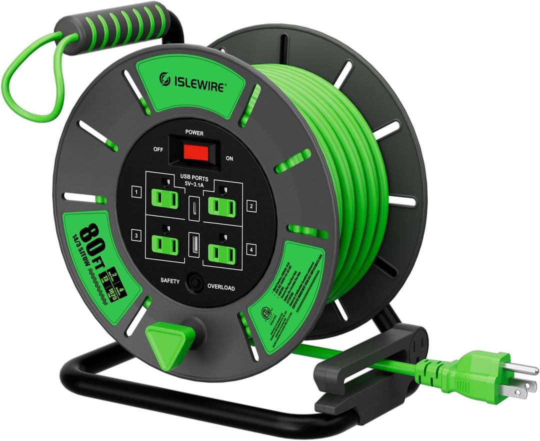 Retractable Extension Cord Reel 80 FT, 14AWG SJTOW Heavy Duty Power Cord with 4 Grounded Outlets, USB-A & USB-C Ports, 13A Circuit Breaker, Hand Crank for Indoor Outdoor Use, ETL Listed, Green