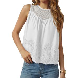 Tankaneo Womens Lace Tank Tops Summer Casual Mesh Loose Fit Sleeveless Blouses Pleated Crew Neck Tees Shirts