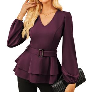 GRACE KARIN Women Work Peplum Tops,Long Sleeve Dressy Casual Blouses,V Neck Business Shirt Fall Outfits with Belt (X-Large, Dark Red)