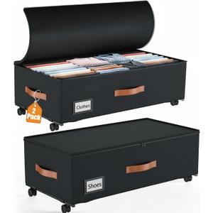 KITREPAION Under Bed Storage with Wheels, 2Pack Larger Underbed Storage Containers with Interior Pocket & Labels, Rolling Under The Bed Drawers for Clothes Shoes Blankets, 9.5" Height Storage Bins