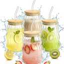 4 Packs Cute Glass Tumbler with Lid and Straw 16 oz Vintage Ice Coffee Cup Set Bulk Simple Modern for Smoothie Juice Matcha Tea Water Slushie Clear Hot Drink Glasses Travel Mug Kitchen Glassware (Cloud stripe-4 Pcs)