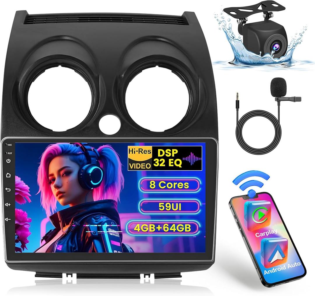 [8 Core 4G+64G] Android Car Stereo for Nissan Rogue Sport 2007-2015 with Wireless Carplay Android Auto, 9 Inch HD Touchscreen Car Radio with GPS WiFi Bluetooth5.0 FM/RDS EQ DSP SWC