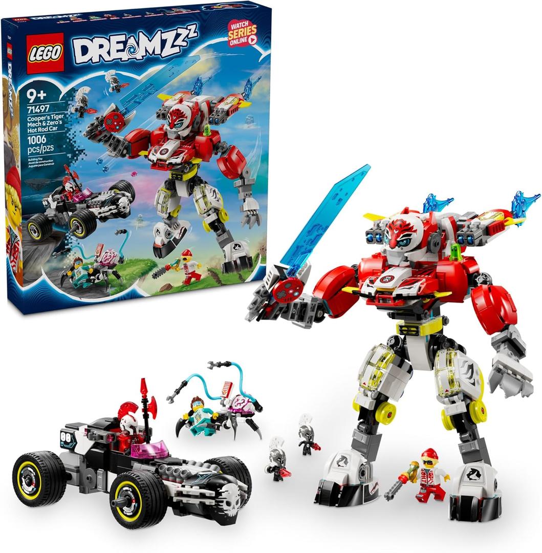 LEGO DREAMZzz Cooper's Tiger Mech & Zero's Hot Rod Car Toy - Building Robot Toy for Kids, Boys and Girls, Ages 9+ - Building Kit for Pretend Play - Gift Idea for Birthdays - 71497