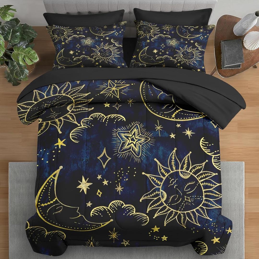 Comforter Set Full Size, Astrology Colorful Retro 7 Pcs Bedding for Kids and Adults, Zodiac Sun Moon Galaxy Bed Sheet Sets with Fitted Sheet 2 Pillowcase & 2 Sham for Bedroom Bed Decor