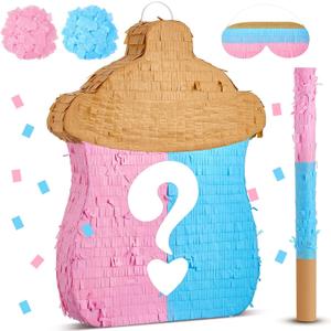 Silipull 18.5 Inch Baby Bottle Shape Gender Reveal Piata with Piata Stick Blindfold and Pink Blue Confetti Gender Reveal Decorations for Baby Shower Decoration Party Supplies