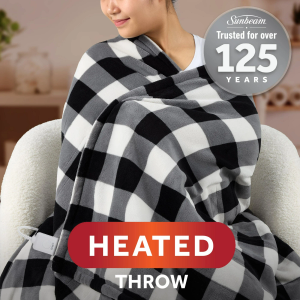 Sunbeam Microplush Sherpa Electric Heated Throw Blanket-Black/White Plaid 60×70"