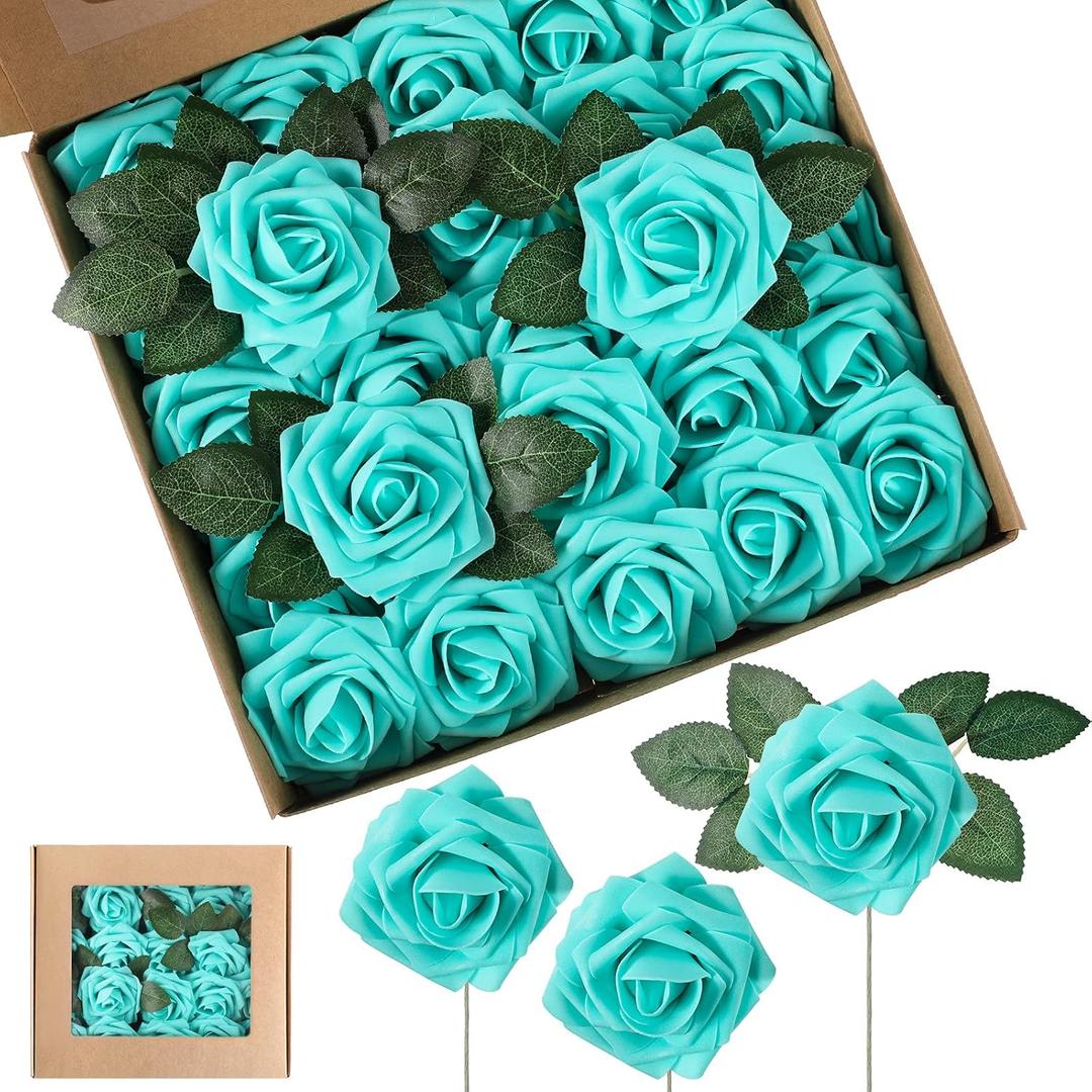 Syhood Artificial Foam Rose Flowers Vintage Fake Roses DIY Bouquets with Leaves and Stems for Wedding Bridal Shower Party Centerpieces Home Romantic Decor(Turquoise,25 Pieces)