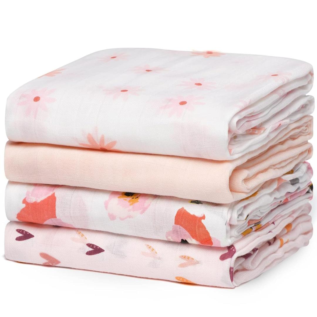 Momcozy Muslin Swaddle Blankets, 4-Pack Breathable and Skin-Friendly Receiving Blankets, Swaddle Blanket Shower Gifts & Baby Girl Newborn Essentials, Large 47"x47", Blooming Hearts