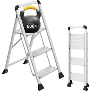 3 Step Aluminum Ladder with Wide Pedal and Handgrip, 600 lbs Capacity Heavy Duty Step Stool, Lightweight Aluminum Step Ladder, Foldable Ladder with Large Non-Slip Feet for Home, Kitchen & Garage