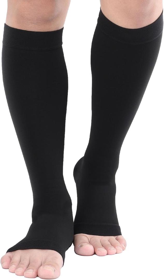 TOFLY Knee High Compression Stockings, Open-Toe, Firm Support 15-20mmHg Opaque Maternity Pregnancy Compression Socks, Ankle & Arch Support, Swelling, Varicose Veins, Edema Black, L