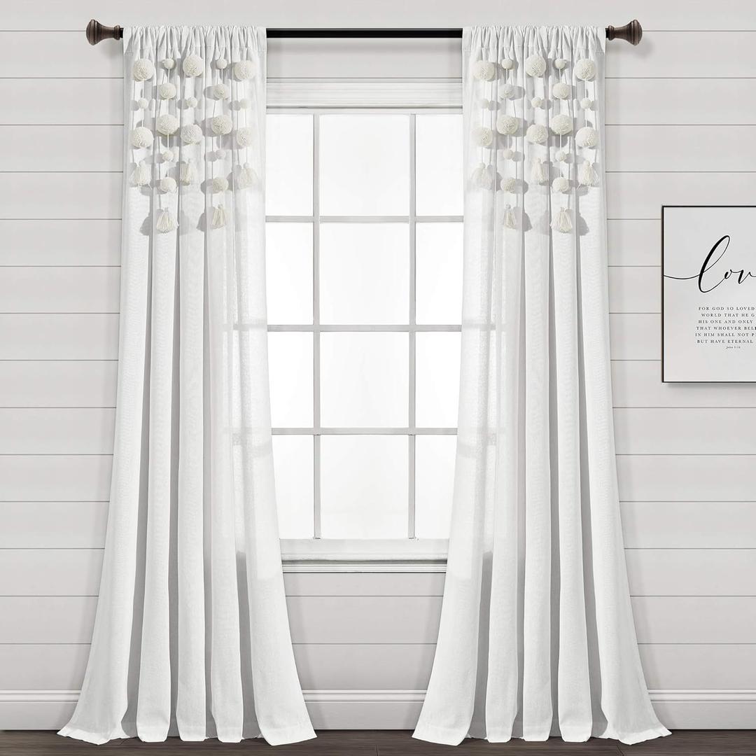 Lush Decor Boho Pom Pom Tassel Linen Window Curtain Panel (Single Panel), 95" Long x 52" Wide, Off-White
