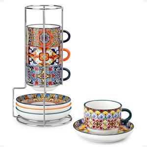 vancasso 8 Oz Stackable Espresso Cups with Saucers and Metal Stand Set of 4,Bohemian Ceramic Cappuccino Cups - Microwave and Dishwasher Safe, Perfect For Tea, Espresso, Latte, Cafe-03