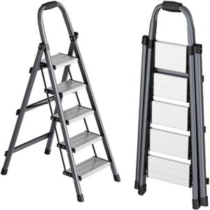 5 Step Ladder,Folding Step Ladder with Wide Anti-Slip Pedal,Convenient Handrail,Sturdy Steel Carbon Stool for Adults, Lightweight Portable 200lbs Safety for Home,Kitchen,Garage,Office (Gray)