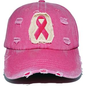 Breast Cancer Awareness Hat Pink Ribbon Patch Distressed Cotton Adjustable Baseball Cap, Breast Cancer Gift for Women