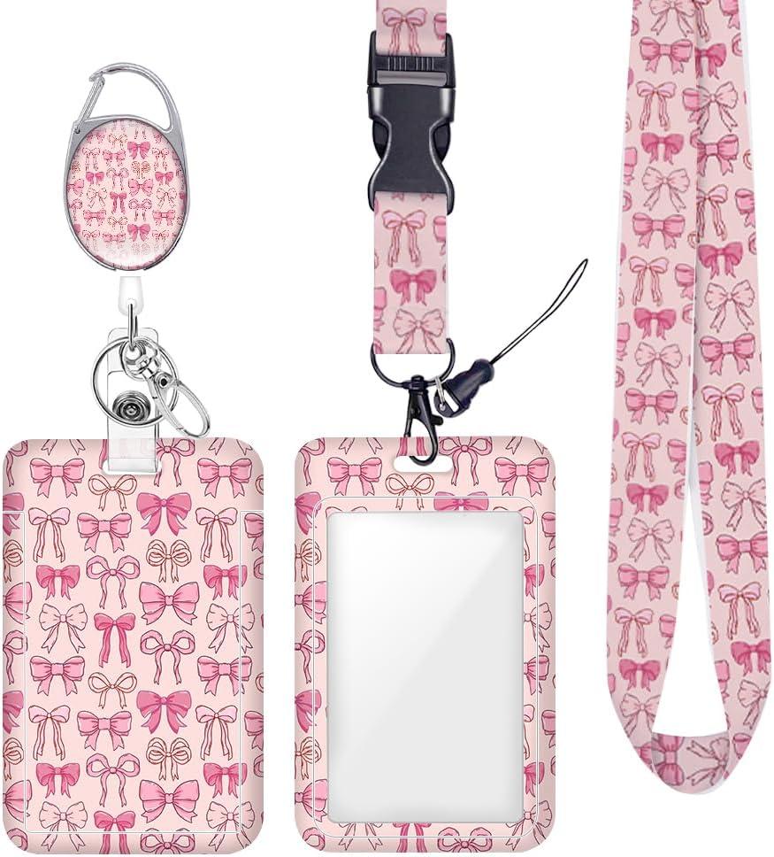 Pink Bow ID Badge Holder Badge Reel Lanyards for ID Badges Work Vertical Protector Retractable Carabiner Clips Heavy Duty Key Lanyard for Women Girls Teacher Singer Dancer Accountant Office Gifts