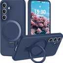 Liquid Silicone Case for Samsung Galaxy S25 with Magnetic Stand, Mil-Grade Drop Shockproof, Full Camera Protection Anti-Scratch Microfiber Lining Silicone Phone case, Dark Blue