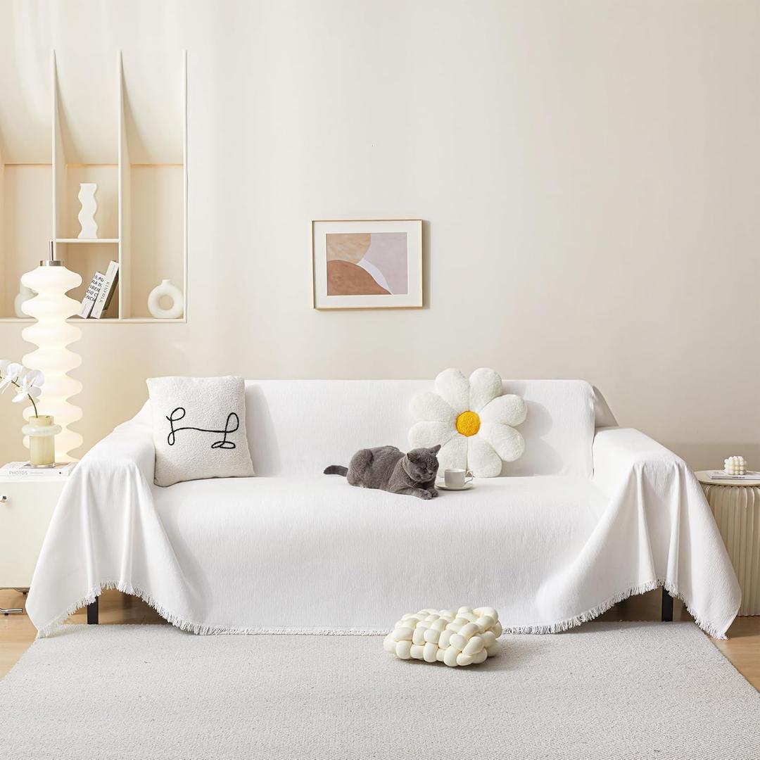 MEETSKY White Couch Cover Chenille Sofa Slipcover for Sectional Sofa Covers Washable, Use Thick Soft Fabric Couch Cover for Dogs, Multi-Use Couch Protector for Living Room, 71" x 118"