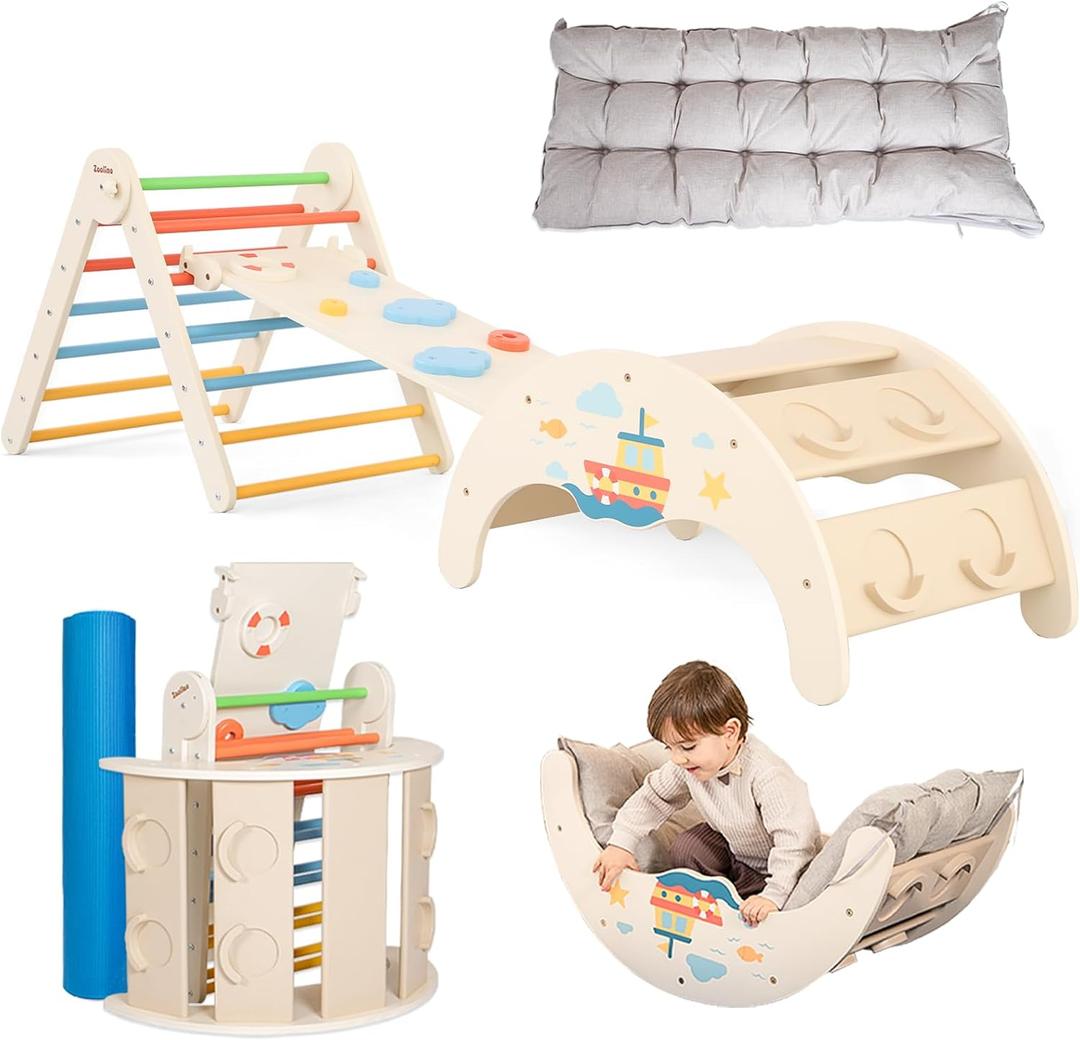 Pikler Triangle Set Toddler Climbing Toys Indoor Kids Wooden Gym | 7-in-1 Jungle Play Gym Baby Playground Montessori Toys Slide Balance Beam Arch Ladder for Kids 1-6 Gifts