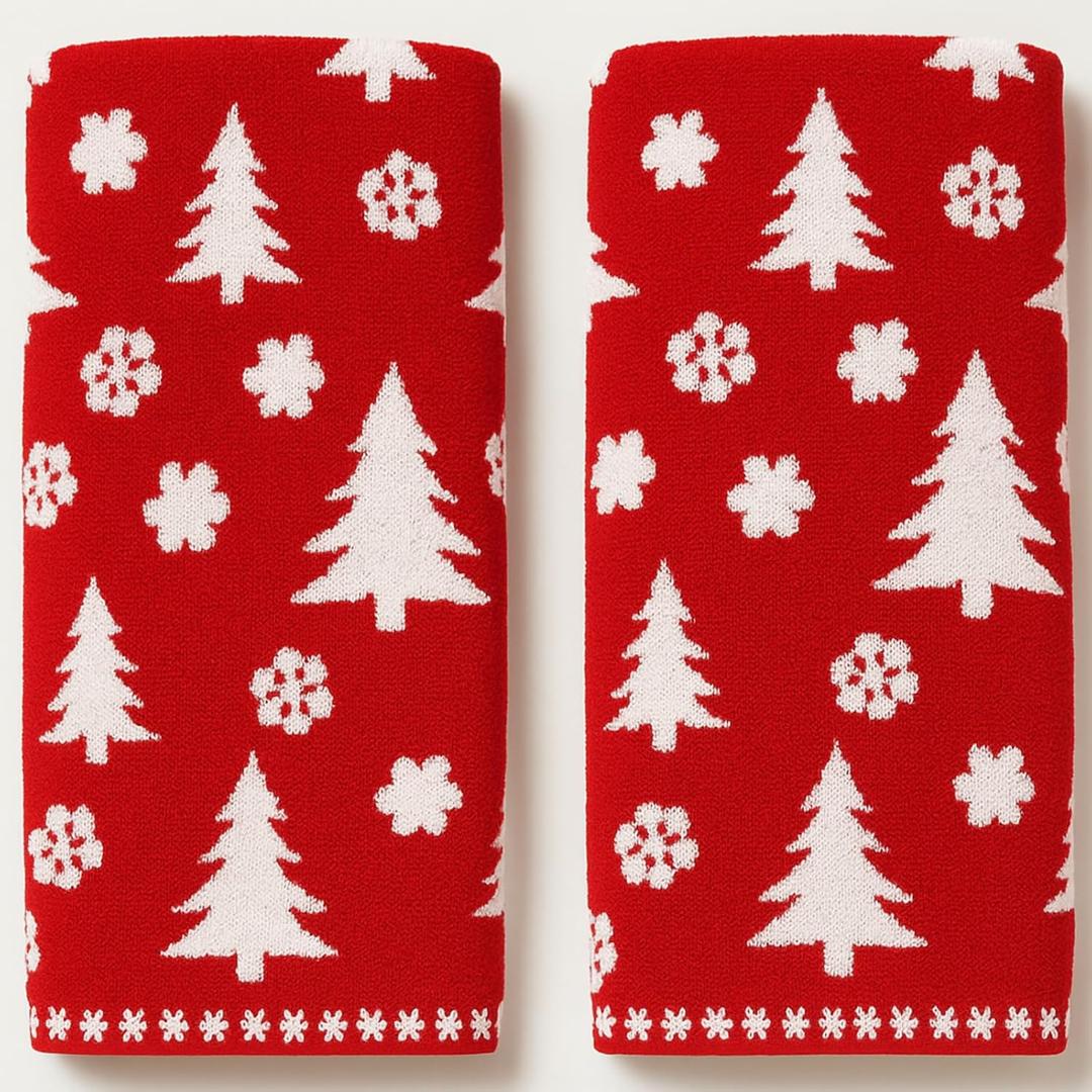 Peryiter 2 Pcs Christmas Hand Towels Red Christmas Tree Towels for Bathroom 100% Cotton Highly Absorbent Soft Decorative Kitchen Washcloths for Holiday Xmas Gift Bath Home Decor, 29 x 13 Inch